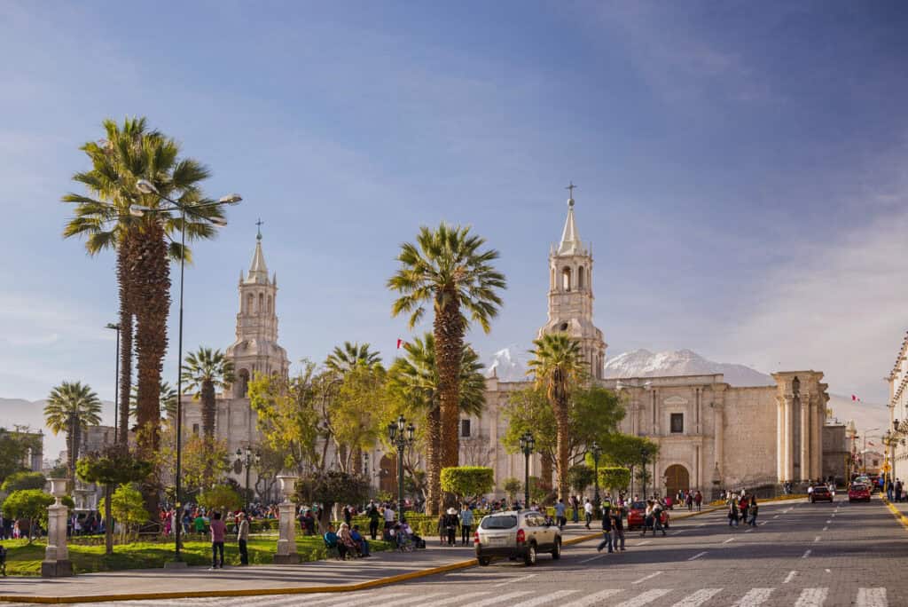 Historic white colonial building in Arequipa, Peru