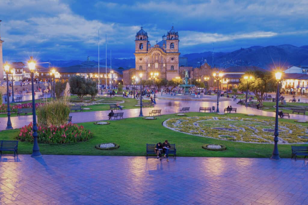 View of Cusco main square with the cathedral in the background, Peru