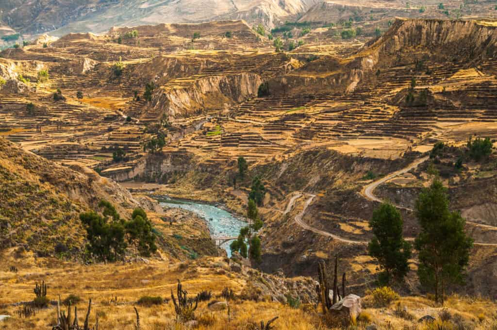 Terraced hills, river valley, and dry mountain landscape in Colca Canyon near Arequipa, Peru