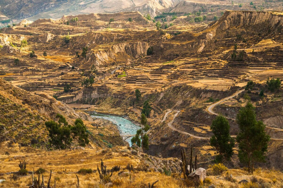 Terraced hills, river valley, and dry mountain landscape in Colca Canyon near Arequipa, Peru