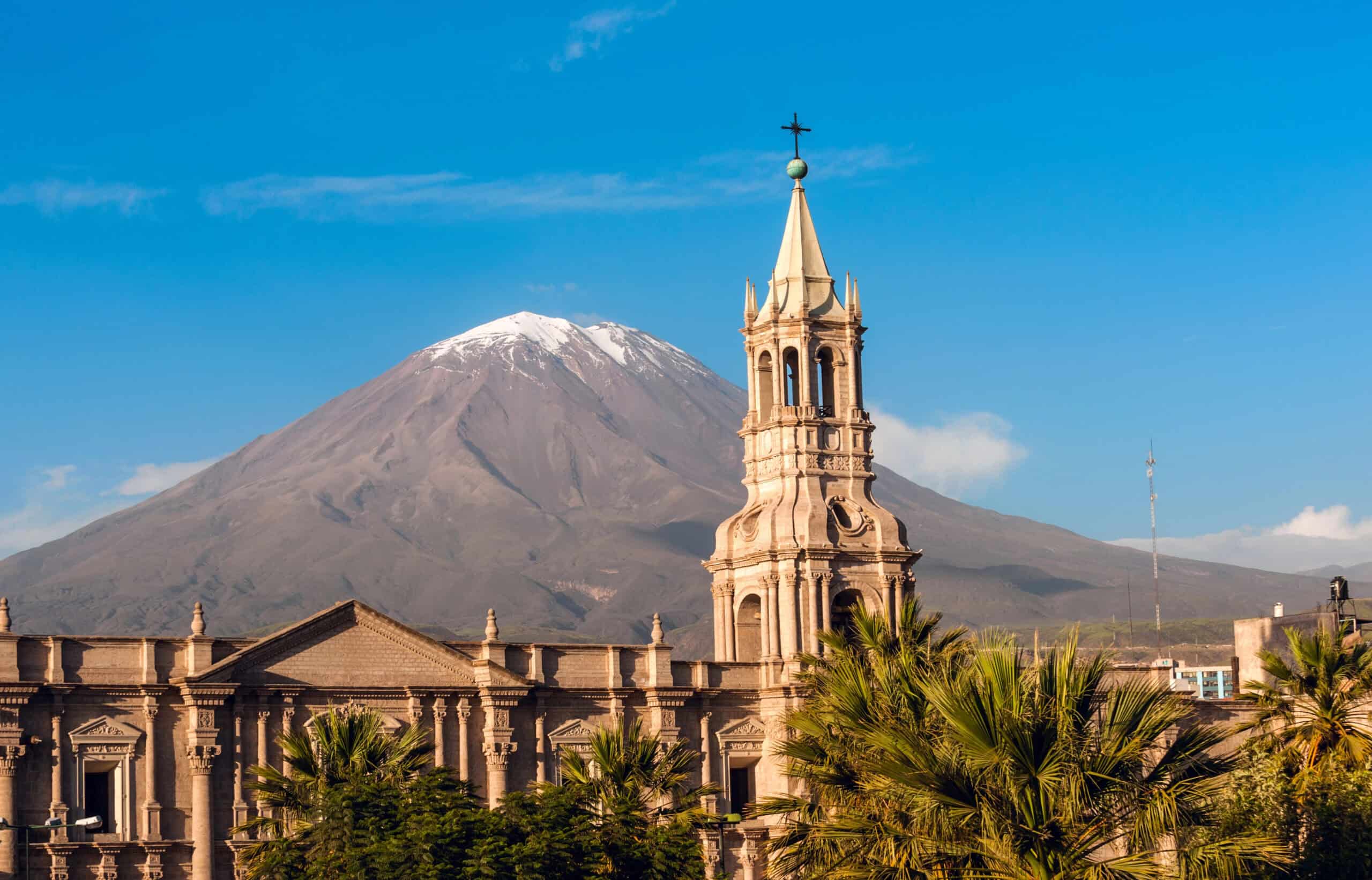 Arequipa Peru skyline with cathedral and El Misti volcano, view of the White City