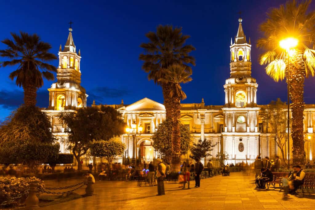 Basilica Cathedral of Arequipa Peru on Plaza de Armas with colonial architecture