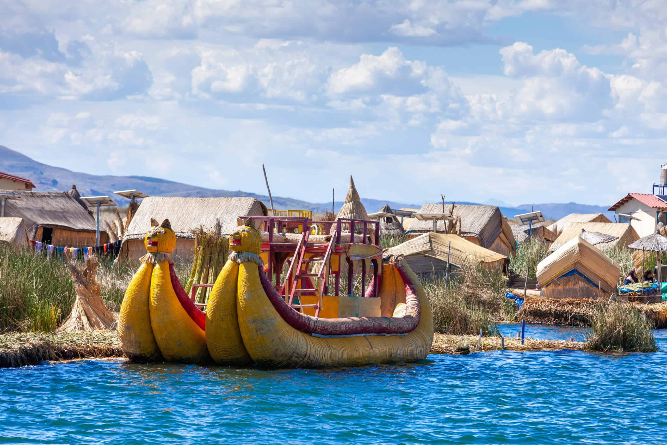Traditional floating island made of reeds on Lake Titicaca