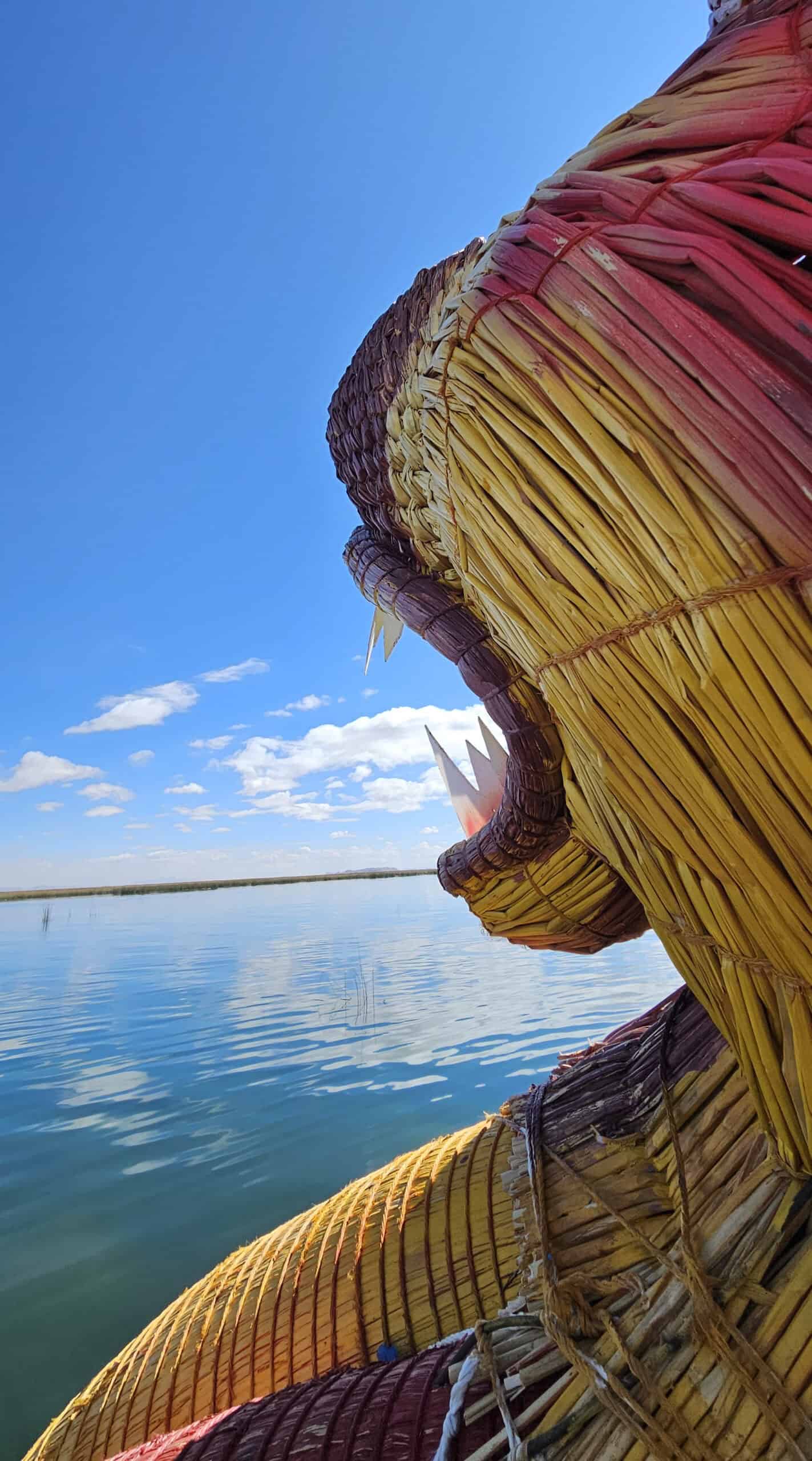 Puno Peru ;Traditional reed boat on Lake Titicaca near Puno